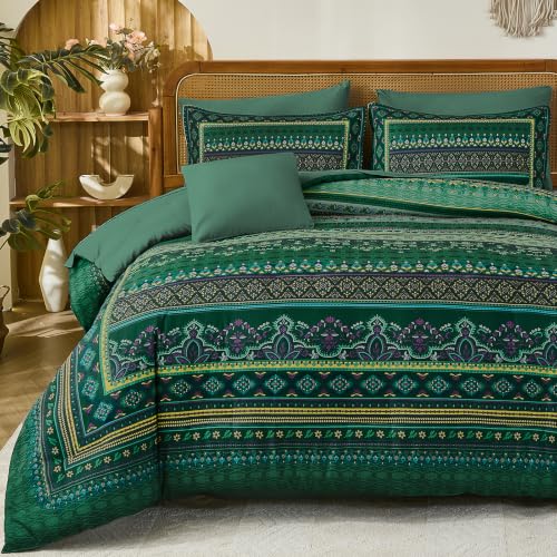 Image of Green Boho Comforter Set Full Size,8 Pieces Striped Bed in a Bag