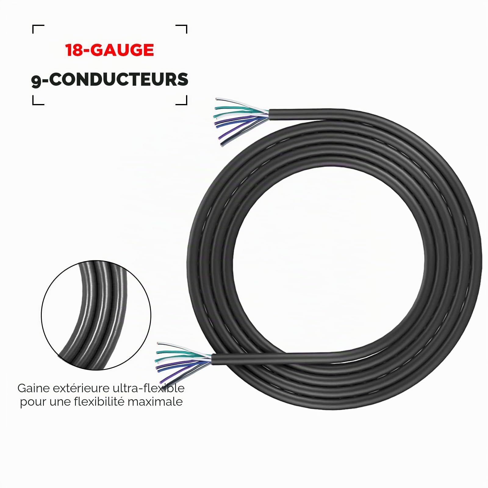 RECOIL RS918-20 Câble HP Voiture 9 Conducteurs 18 AWG CCA 6m Easy-Peel | 9x0,8mm², 4 Canaux + Remote, Ultra-Flexible, Code Couleur EIA