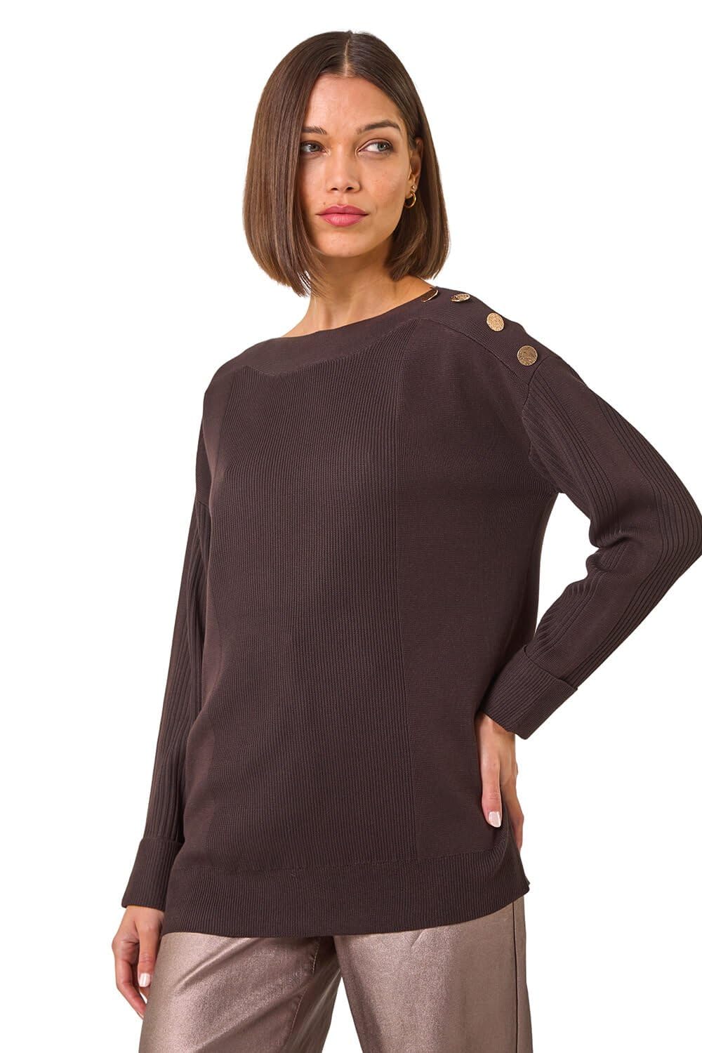 Roman Slash Neck Button Detail Knit Jumper for Women UK - Ladies Autumn Everyday Winter Holiday Long Sleeve Comfy Drop Shoulder Soft Top Office Desk Sweaters - Chocolate - Size 20