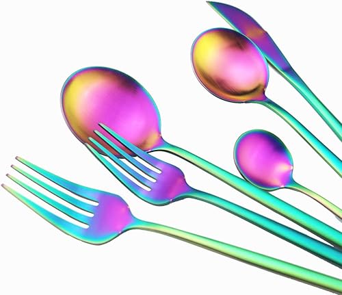 Miniatura 27 de Juego de 30 cubiertos de acero inoxidable 304 chapado en negro titanio, juego de cubiertos con acabado satinado, incluye cuchillo de cena, cuchara