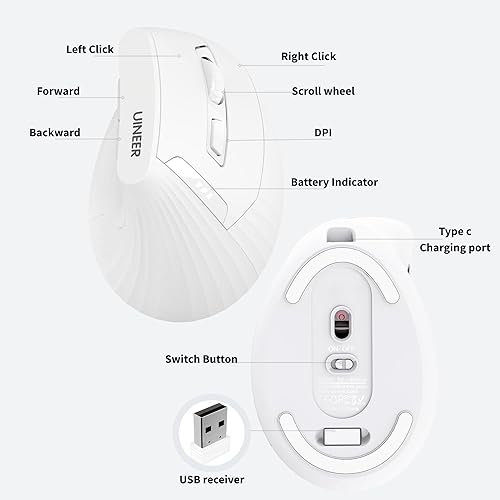 Miniatura 6 de Uineer Ratón vertical inalámbrico, mouse recargable de 2.4 G con indicador de batería, 4 niveles DPI, diseño ergonómico para mayor comodidad y