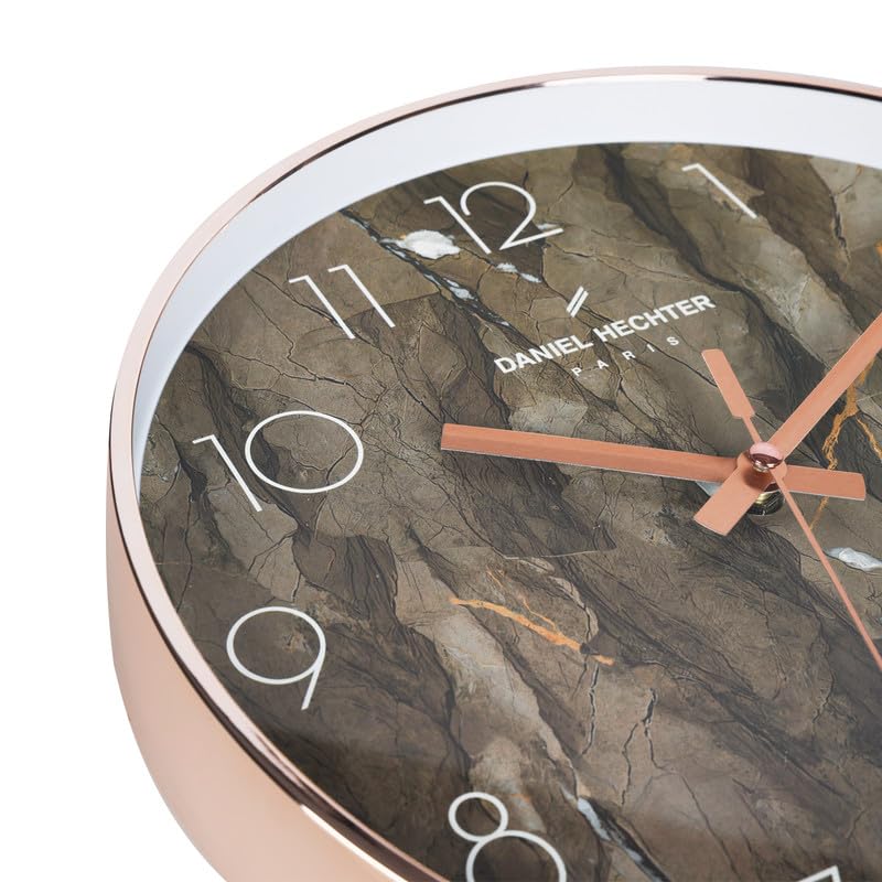 Image of Daniel Hechter Paris Moselle Collection Wall Clock, Silent Sweep Non-Ticking, 12 inch(30cm) HD Glass Brown Marble Dial, Rose Gold Plastic Frame, Modern Decorative Clock for Home & Office - DHCL1003