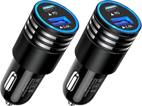 Cargador de coche USB C de 30 W, paquete de 2 adaptadores de carga compacto Carro de doble puerto USB para iPhone 14 Pro Max 13 12 11, Samsung
