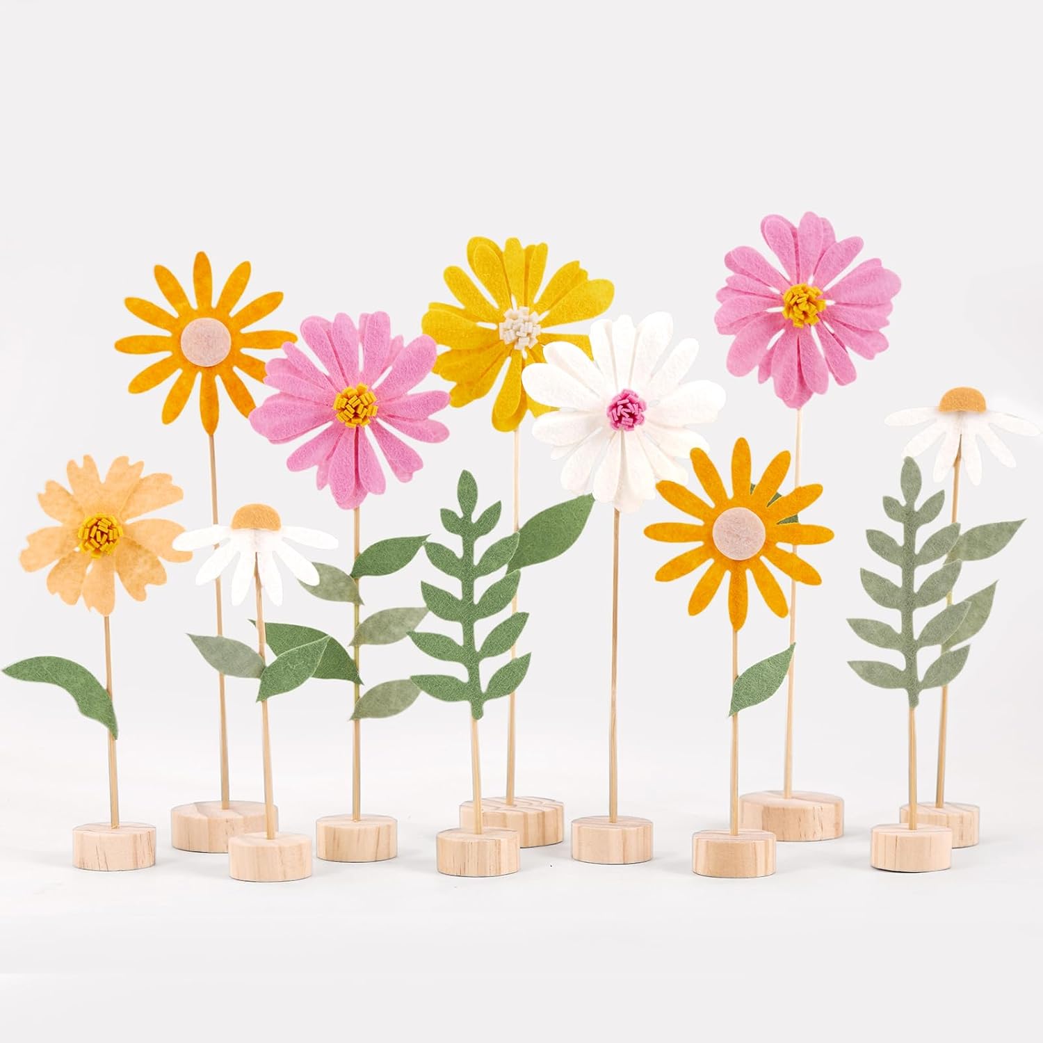 11 PCS Daisy Party Decorations with Wooden Base, Felt Flower Daisy Centerpieces for Tables, Spring Wildflowers Theme for Wedding Baby Shower, Indoor Table Decor