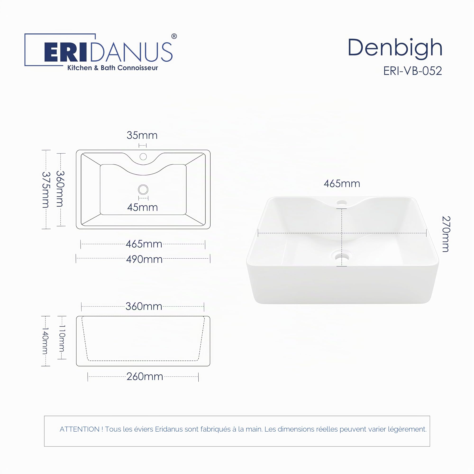 Eridanus Lavabo rectangulaire en céramique avec trou pour robinet, lavabo en céramique de qualité supérieure, lavabo en porcelaine vitreuse pour salle de bain, vasque, brillant blanc - 490 x 370 x 140