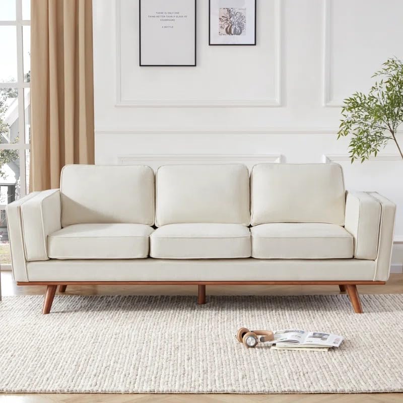 Image of LEGACY OF COMFORT Camariah 87.76'' 3 Seater Sofa Three Seater Sofa with Wooden Base for Living Room Guest Room Hotels Office (Ivory)