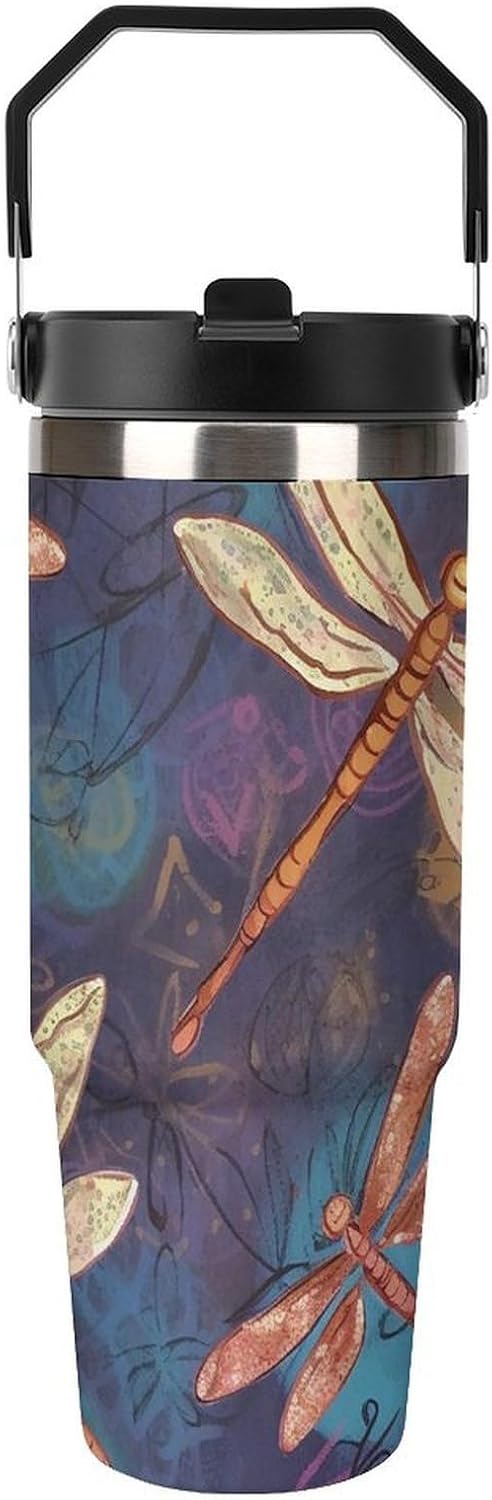 30oz Insulated Tumblers with Top Handle, Stainless Steel Hand Painted Dragonfly Car Cup with Straw for Gift, Leak-Proof Double Wall Vacuum Travel Mug, Personalized Water Bottles Black