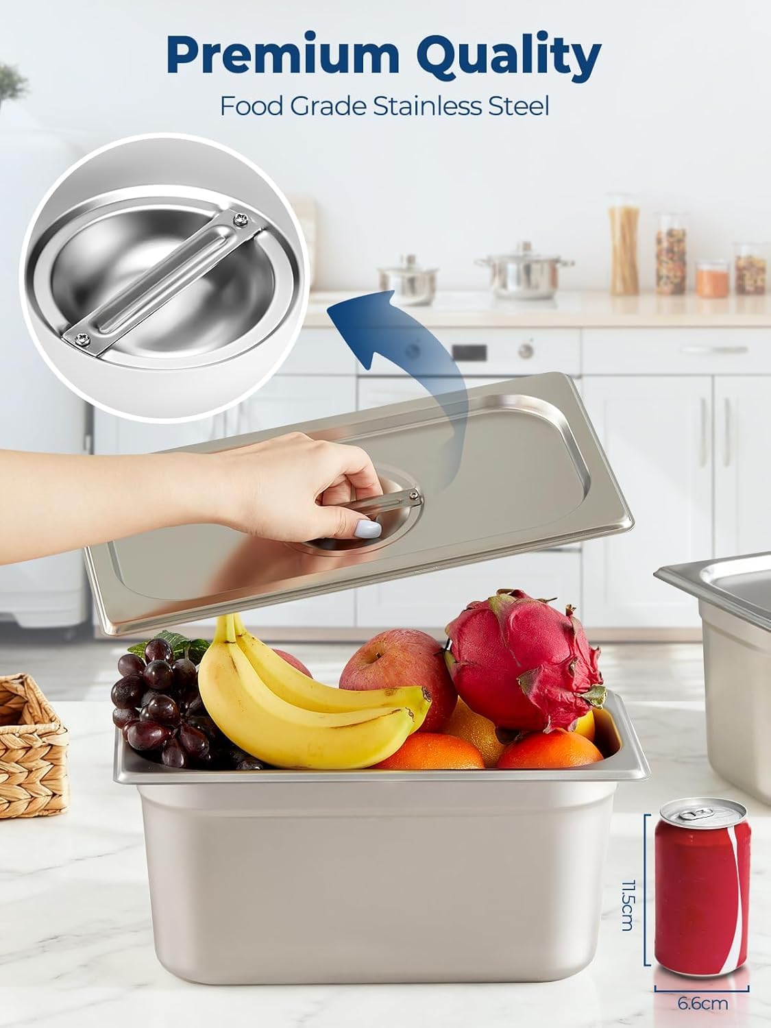 6 recipientes GN 1/3, 33 x 18 x 15 cm, de acero inoxidable con tapa, recipientes para alimentos, tartas, hoteles, etc