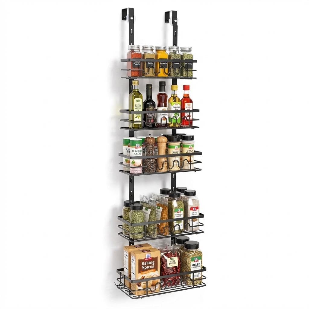 Garveehome 5 Layers Space-Saving Over The Door Spice Rack Organizer, 5 Tier Heavy-Duty Metal Hanging Shelf For Bathroom, Kitchen, Or Pantry, Wall Mount Storage For Spices & Accessories