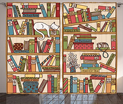 Ambesonne Cat Curtains, Nerd Book Lover Kitty Sleeping Over Bookshelf Library Academics Feline Boho Design, Living Room Bedroom Window Drapes 2 Panel Set, 108