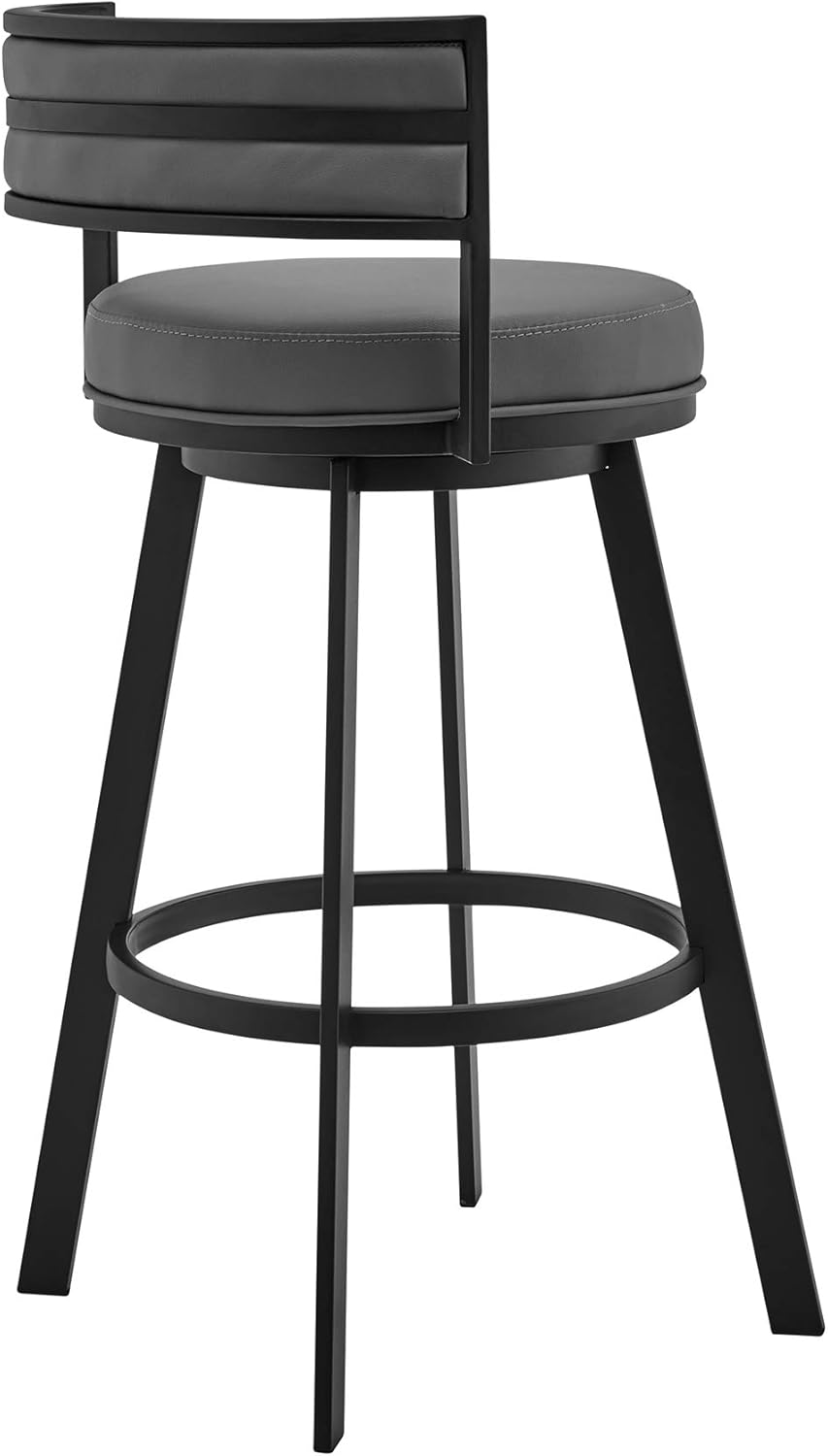 Armen Living Roman 26" Gray Faux Leather and Black Metal Swivel Bar Stool