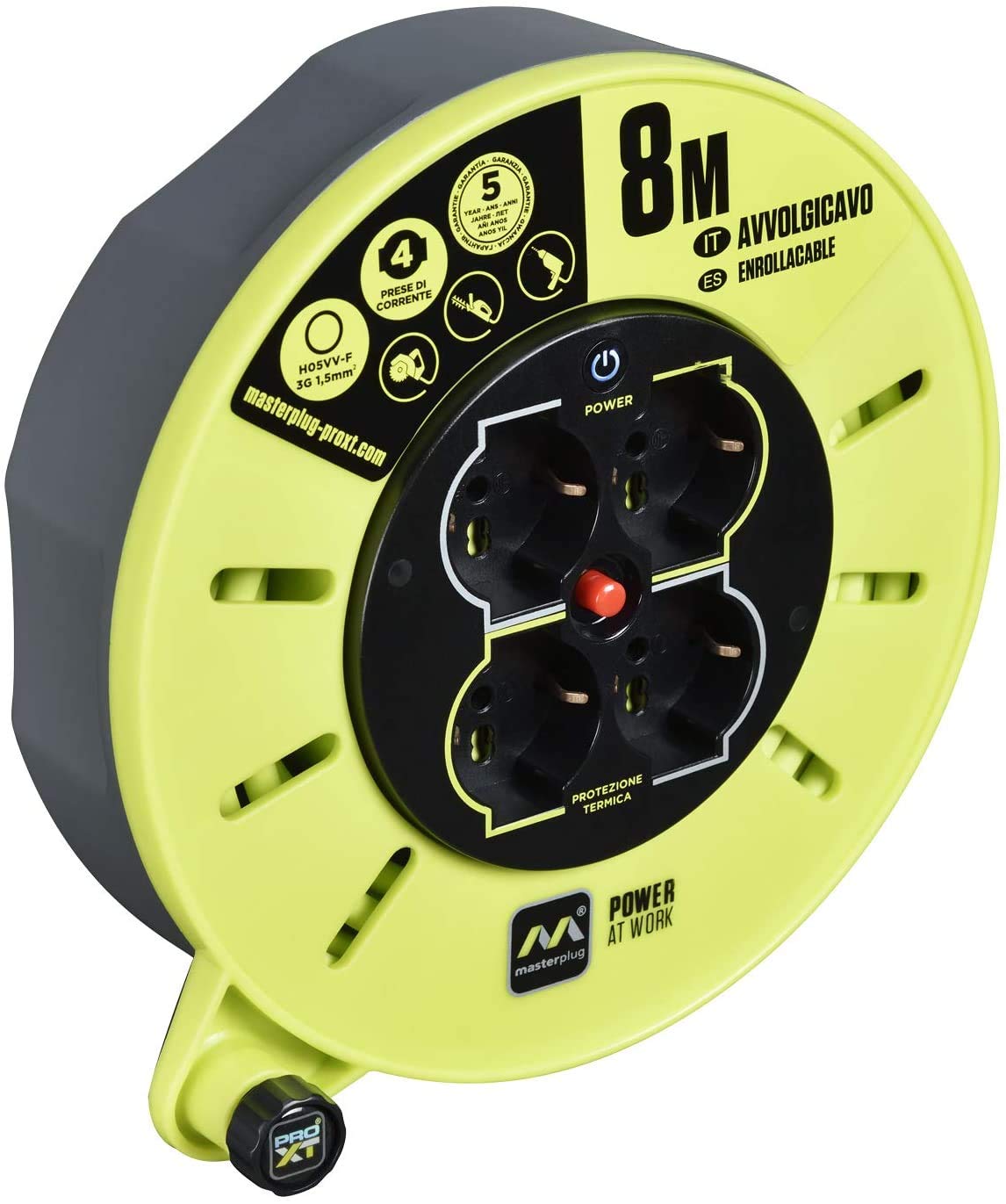 Masterplug Pro-XT Avvolgicavo 8 metri, 4 Prese Universali prolivalent: Bipasso, EU, Schuko, Prolunga Elettrica 16A, Indicatore LED, Cavo Alta Visibilità