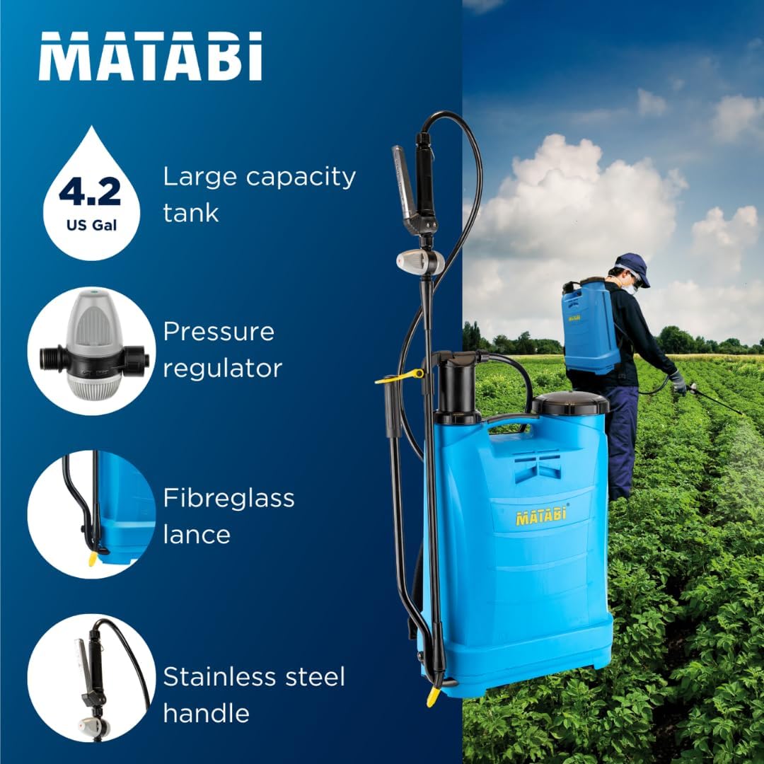 Matabi - Evolution 16 Backpack Sprayer - 4 Gal Capacity - Stainless Steel Handle - Versatile Nozzles - Professional Use - Pressure Regulator - Ideal for Over 400m² - Weed Sprayer