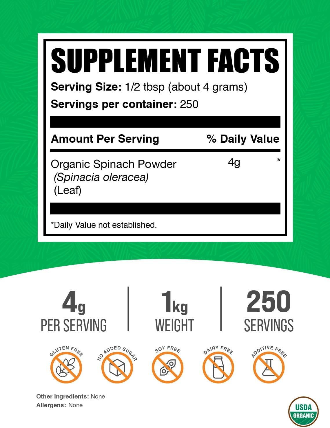 BulkSupplements.com Organic Spinach Powder - Herbal Supplement, Spinach Powder Organic - Green Superfood, Vegan & Gluten Free - 4g per Serving, 1kg (2.2 lbs) (Pack of 1) - Image 2