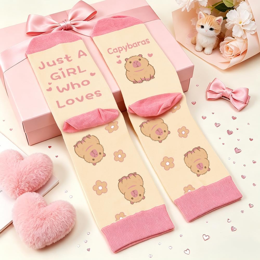 Capybara Socks Capybara Lovers Gifts Just A Girl Who Loves Capybaras Cute Capybaras Themed Socks Pink Yellow Christmas Stocking Stuffers Valentines Day Birthday Gifts for Daughter Niece Sisters image 2