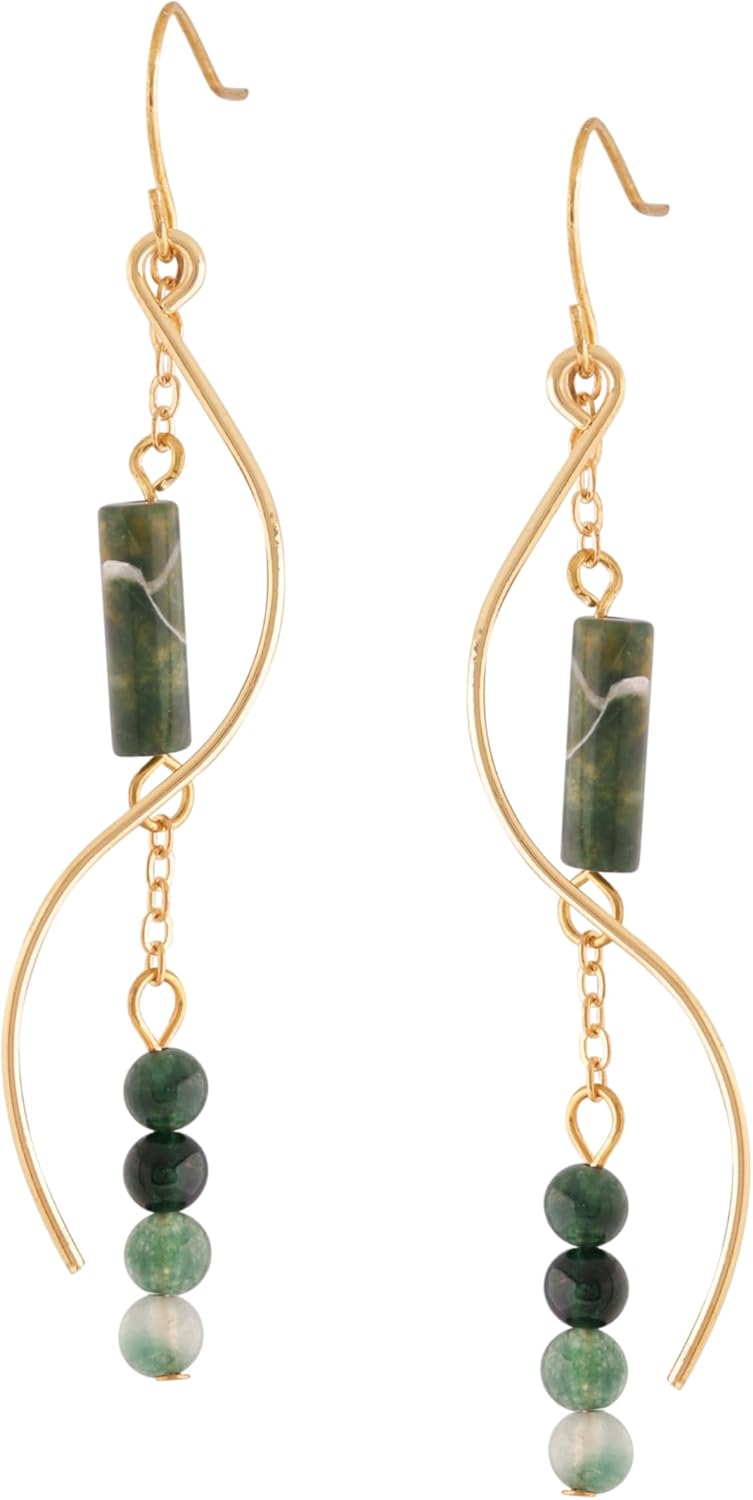 MINACHI Boho Sunburst Charm and Green Stone Drop Earrings, Handmade Gold Tone Hippie Danglers For Women