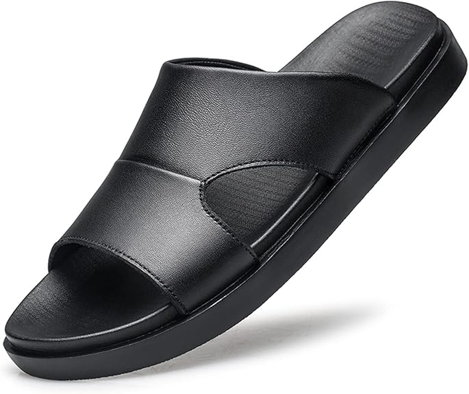 Battle Men Pool Slides for Men Genuine Leather Cut Out Slip on Open Toe