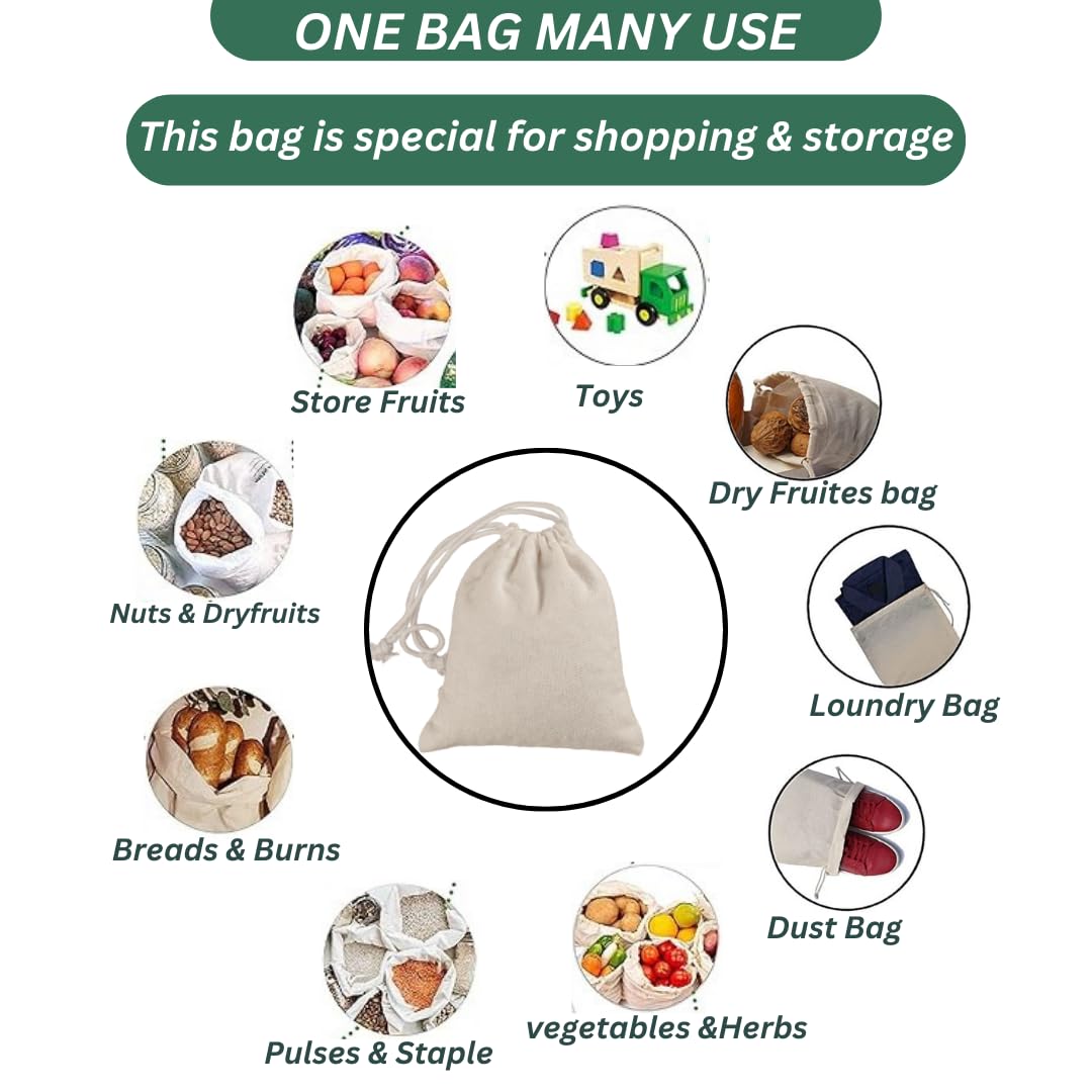 MAINDAIS Cotton Bag Double Drawstring Bags Muslin | Unbleached Organic Cotton | Fridge Vegetable Storage Bag Multipurpose Use | Pack Of 6 (11x14 Inches) 1
