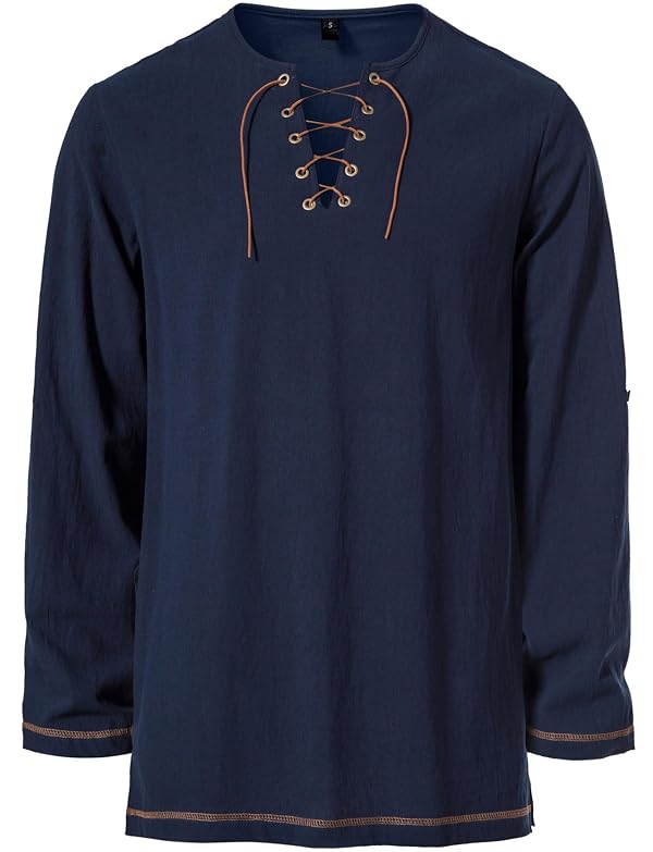 JEMITOP Men's Renaissance Costume Retro Lace Up Shirts for Pirate Viking Medieval Vampire Halloween Cosplay Without Belt Navy Blue M by JEMITOP - Used condition - Image 4