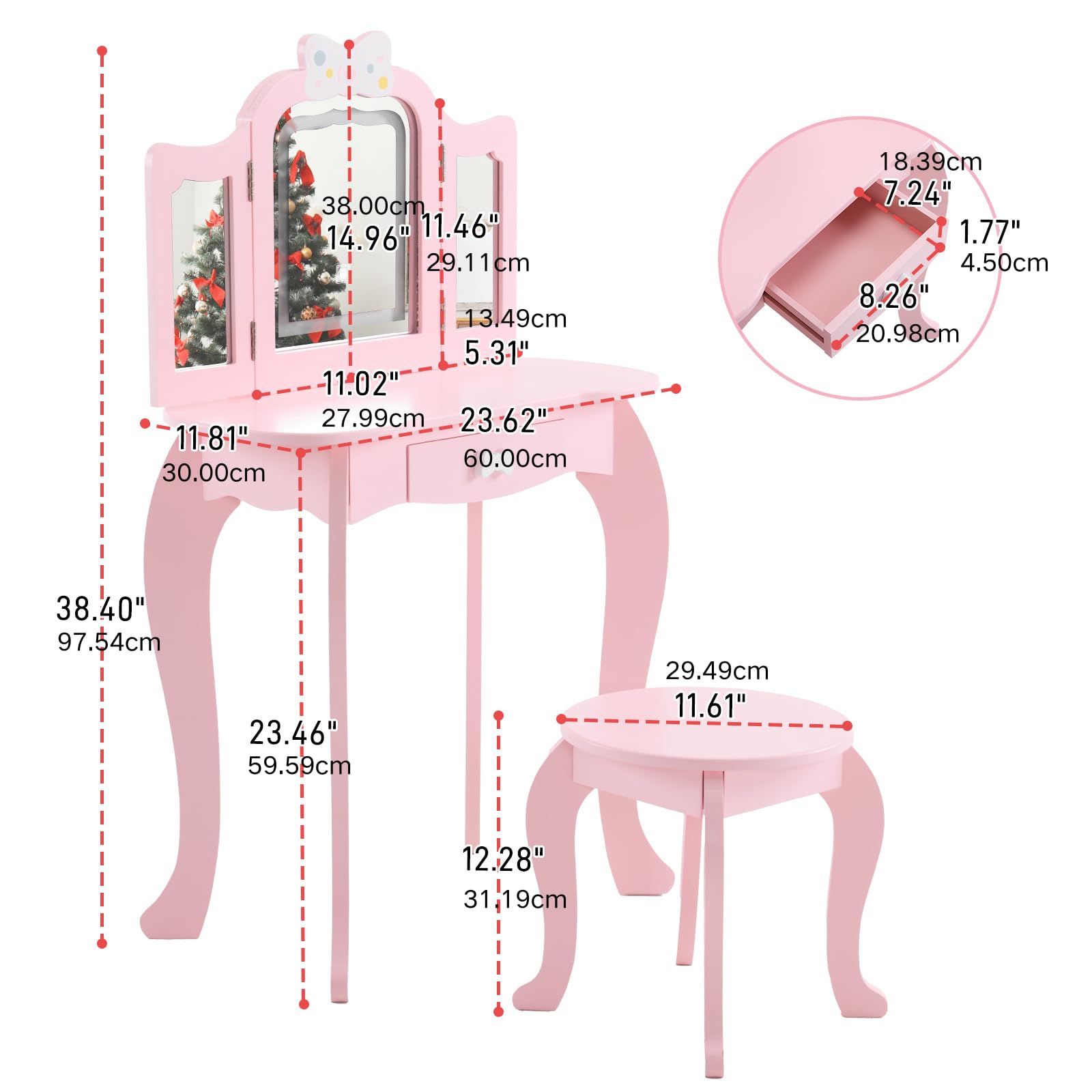 LEADZM Coiffeuse pour Enfants avec Miroir à Trois Volets avec Tabouret, Lampe LED Tactile à 3 Couleurs (Rose)