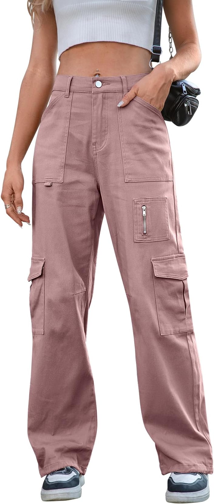 Cargo Pants Women High Waist Wide Leg Casual Pants with 7 Pockets Stretchy Drawstring Baggy Y2K Trousers