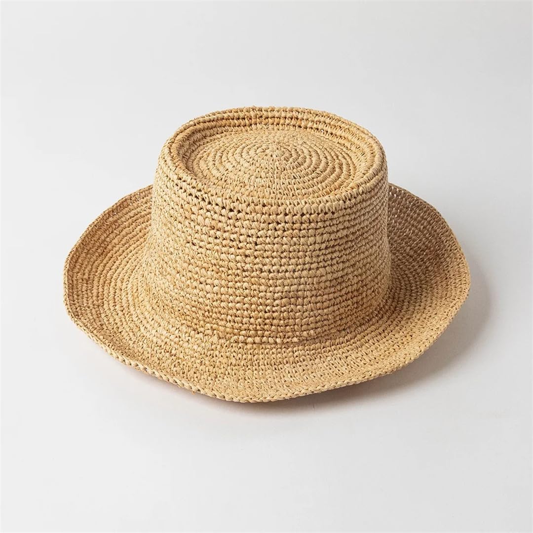 Women's Solid Color Raffia Straw Bucket Hat Casual Handmade Crocheted Straw Hat