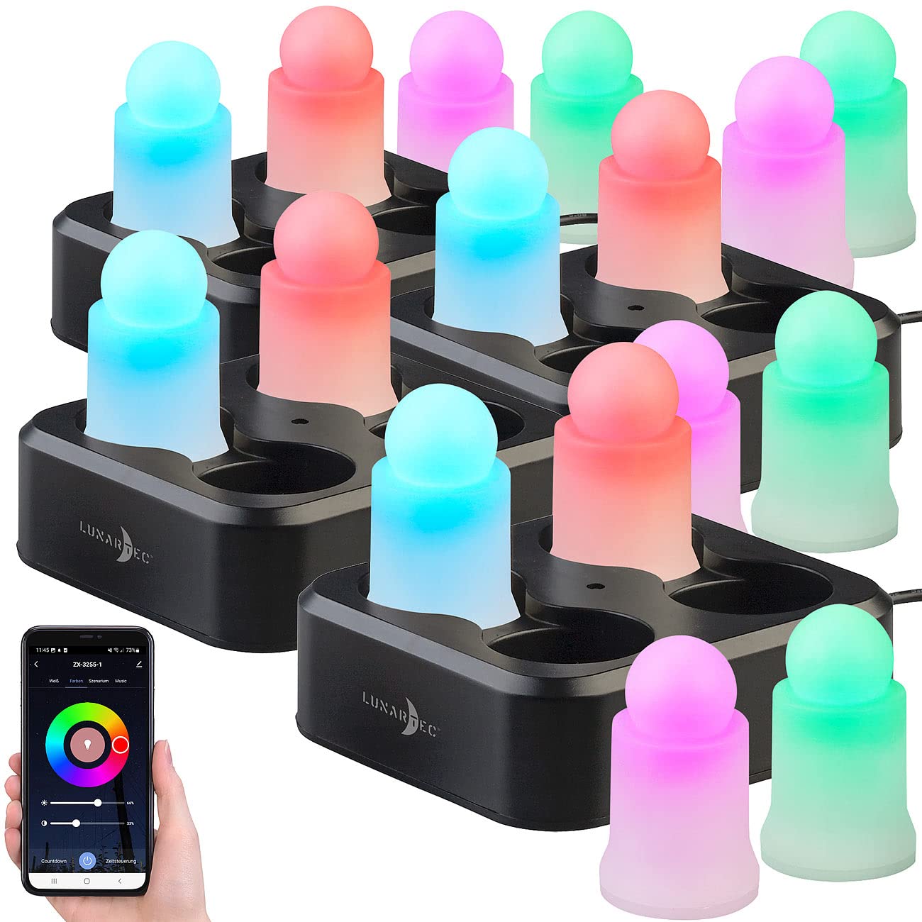 Lunartec LED-Kerzen mit Ladegerät: 16er-Set wetterfeste LED-RGBWW-Kerzen mit Akku und Ladeschale, App (RGB, aufladbares Set, Flamme)
