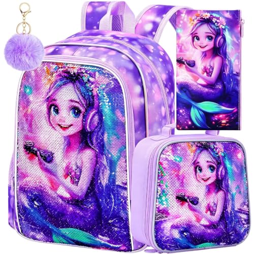 Image of CCJPX 3Pcs Mermaid Backpack for Girls, 16 inch Kids Sequin Bookbag with Lunch Box, Cute Water Resistant Schoolbag for Preschool Kindergarten Toddler(Purple)