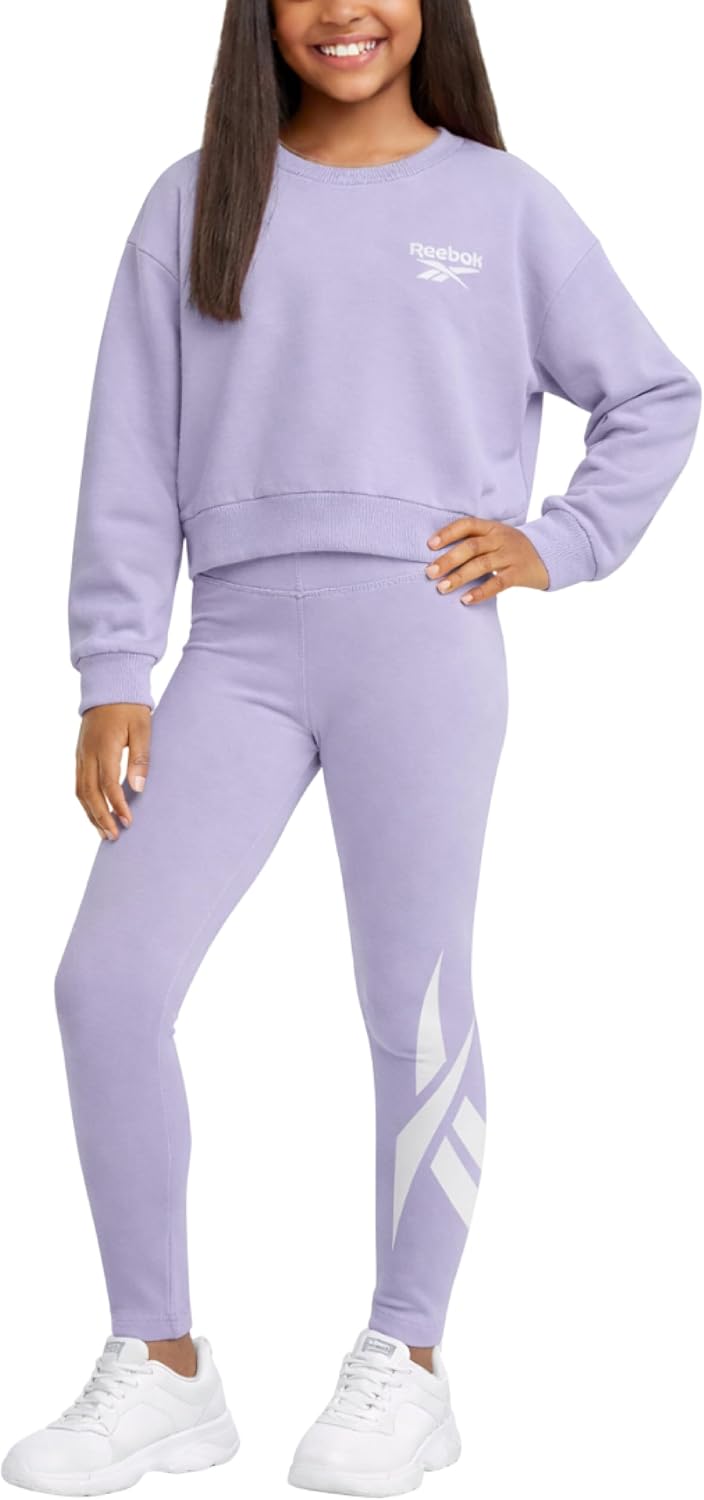 Reebok Girls Pants Set – 2 Piece Lightweight Long Sleeve Shirt and Girls Leggings Outfit – Breathable Athletic Outfits