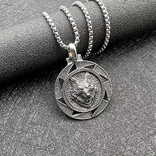 Wolf Pendant, Wolf Necklace for Men, Norse Viking Wolf Head Necklace Wolf Jewelry, Celtic Wolf Charm Necklace Odin Wolf Rune Coin Necklace Punk Wolf Tag Circle Pendant Necklace for Men3