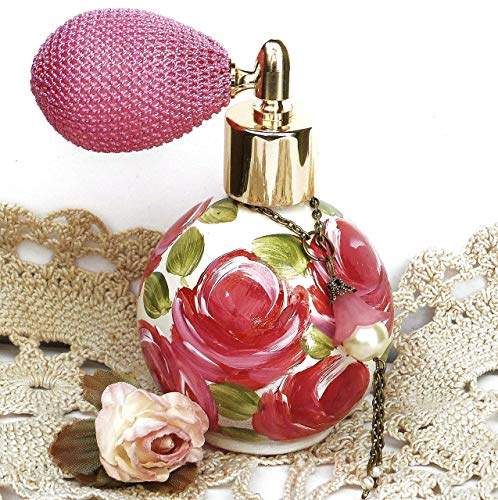 Decorative Small Round Glass Perfume Spray Fine Mist Atomizer Bottle with Hand Painted Pink Roses Romantic Victorian Shabby Chic Decor