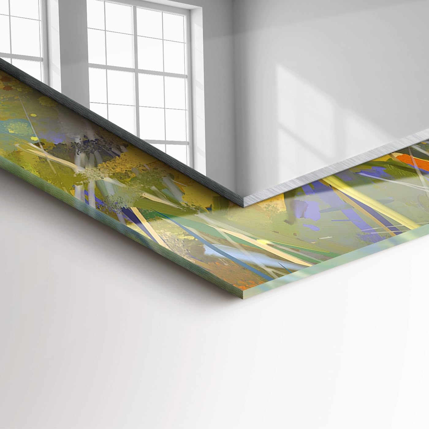 Minimalne prostokątne lustro 60 x 60 cm (23,6 cala x 23,6 cala) | szklana krawędź z nadrukiem dla współczesnego stylu - pole słonecznika