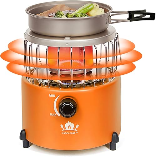 Campy Gear - Calentador y estufa de propano portátil 2 en 1 para exteriores, con manguera y parrilla, 18000BTU, estufa de gas para campamento,