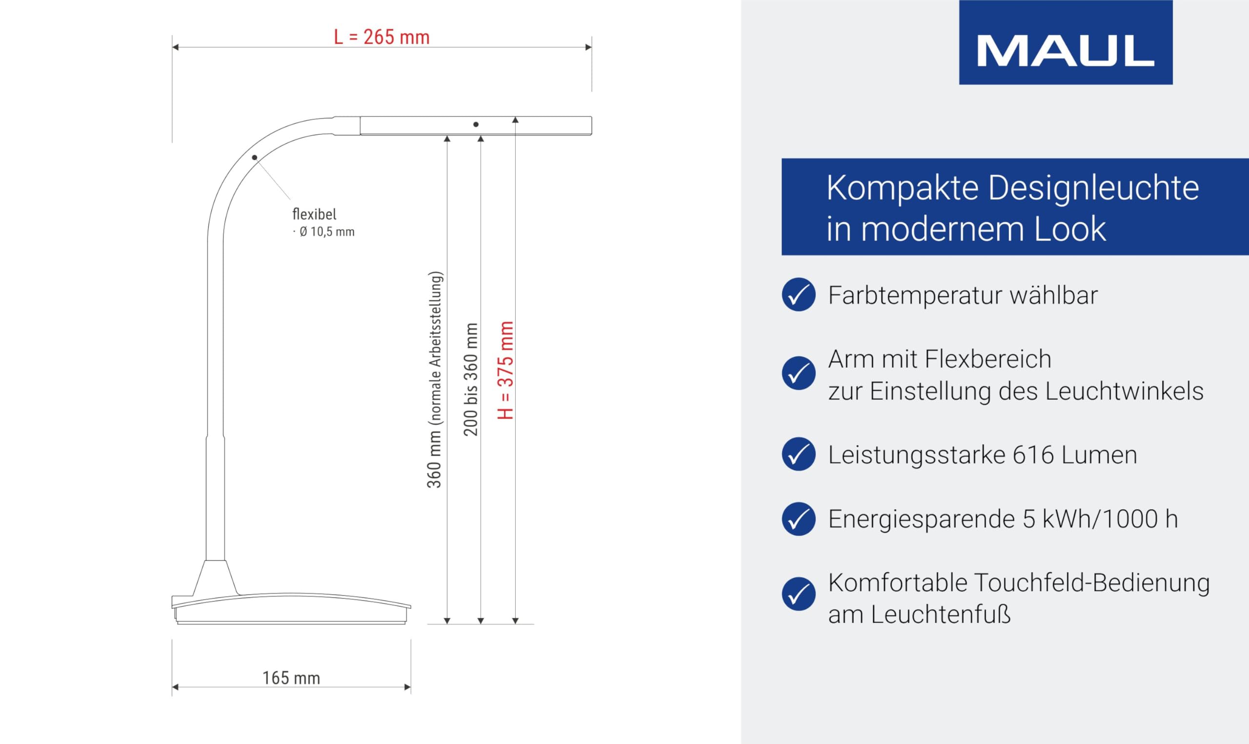 MAUL LED-Tischleuchte MAULpearly colour vario, dimmbar – leistungsstarke Büro Arbeitsplatzleuchte – Schreibtischlampe mit 3000-6500K Farbtemperatur – Silber