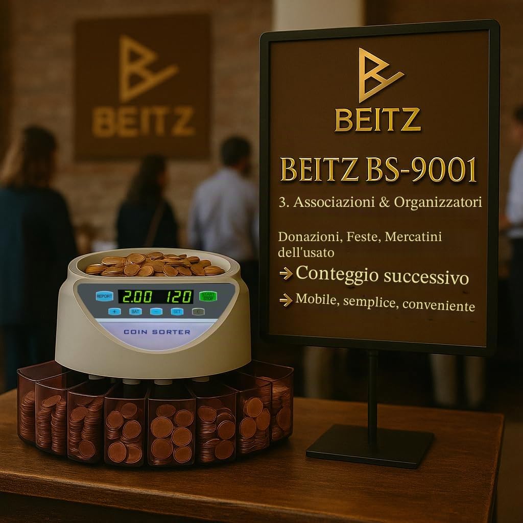 BEITZ BS-9001 - Contatore automatico e classificatore di monete per euro, contatore di monete per monete, conta e organizza monete in base al valore, automatico, contatore di monete con 8 scomparti
