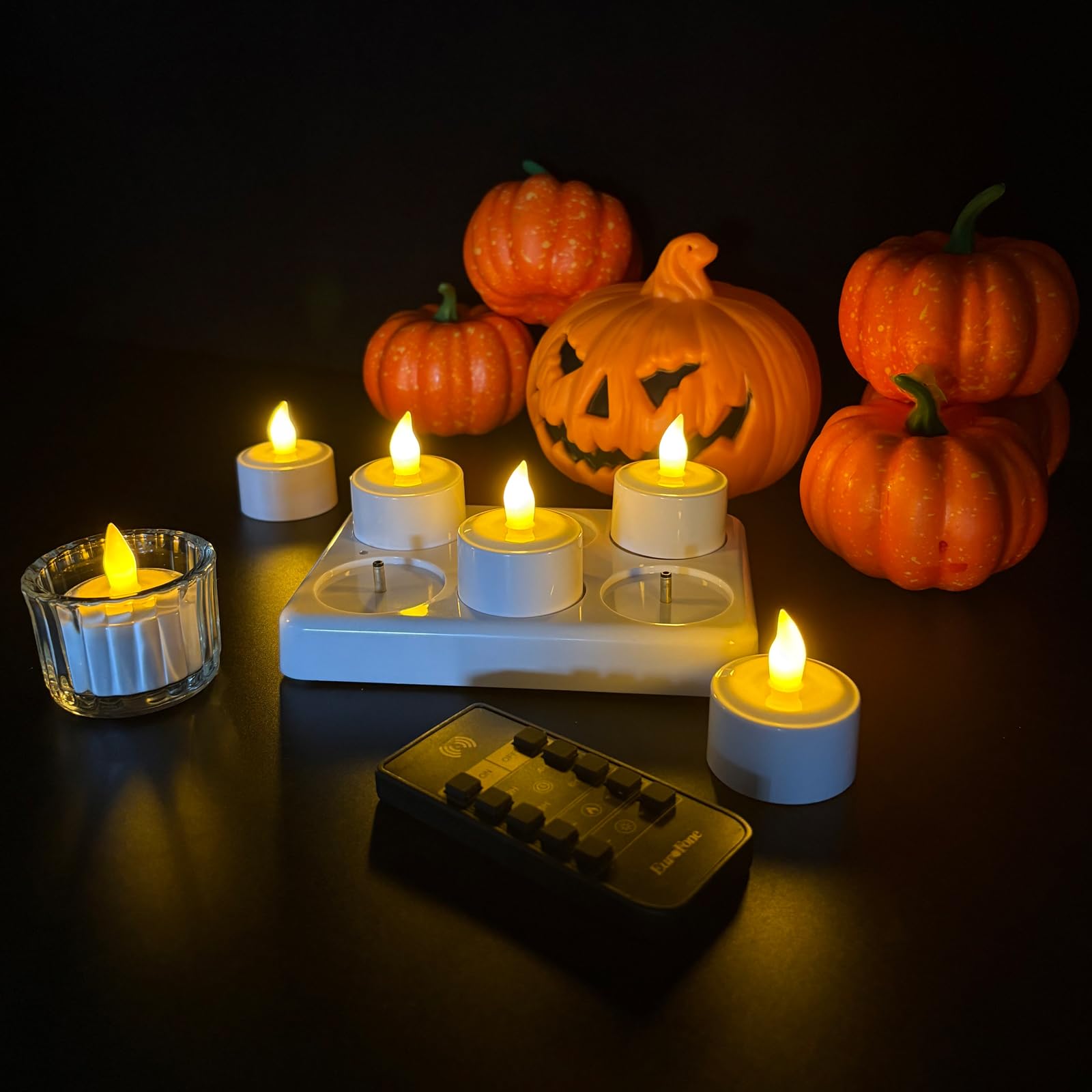 EuroFone Rechargeable LED Flameless Tealight Candles, 6pcs Battery Operated Candles with Remote Control and Timer, Charging Station for Home Room Table Halloween Christmas Decor