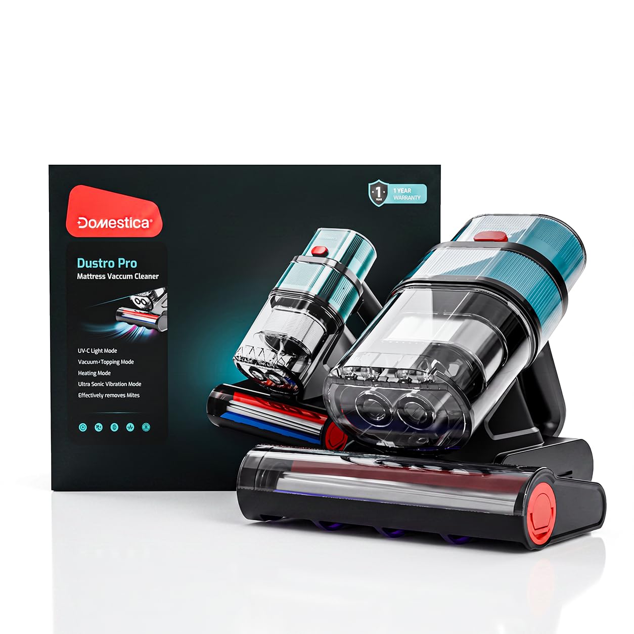 domestica dustro pro vacuum cleaner for mattress, bed, sofa, 16kpa suction | 60°c hot air, uv-c light, hepa filtration, ultrasonic waves, dust sensor for mites & pet hair, 45,000 rpm tapping, 500w