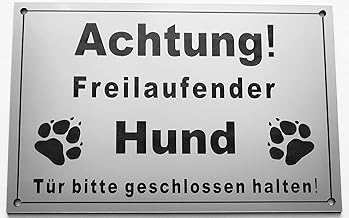 Warnschild Achtung Freilaufender Hund, Tür geschlossen halten, Schild Hundeschild Silber (20x15cm 4 Löcher Ecke)