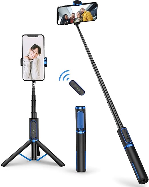 ATUMTEK Selfie Stick Tripod, Extendable 3 in 1 Aluminum Bluetooth Selfie Stick with Wireless Remote and Tripod Stand for iPhone 16/15/14/13/12/11 Pro Max/XS Max/XS/XR/X/8/7, Samsung Smartphones Blue