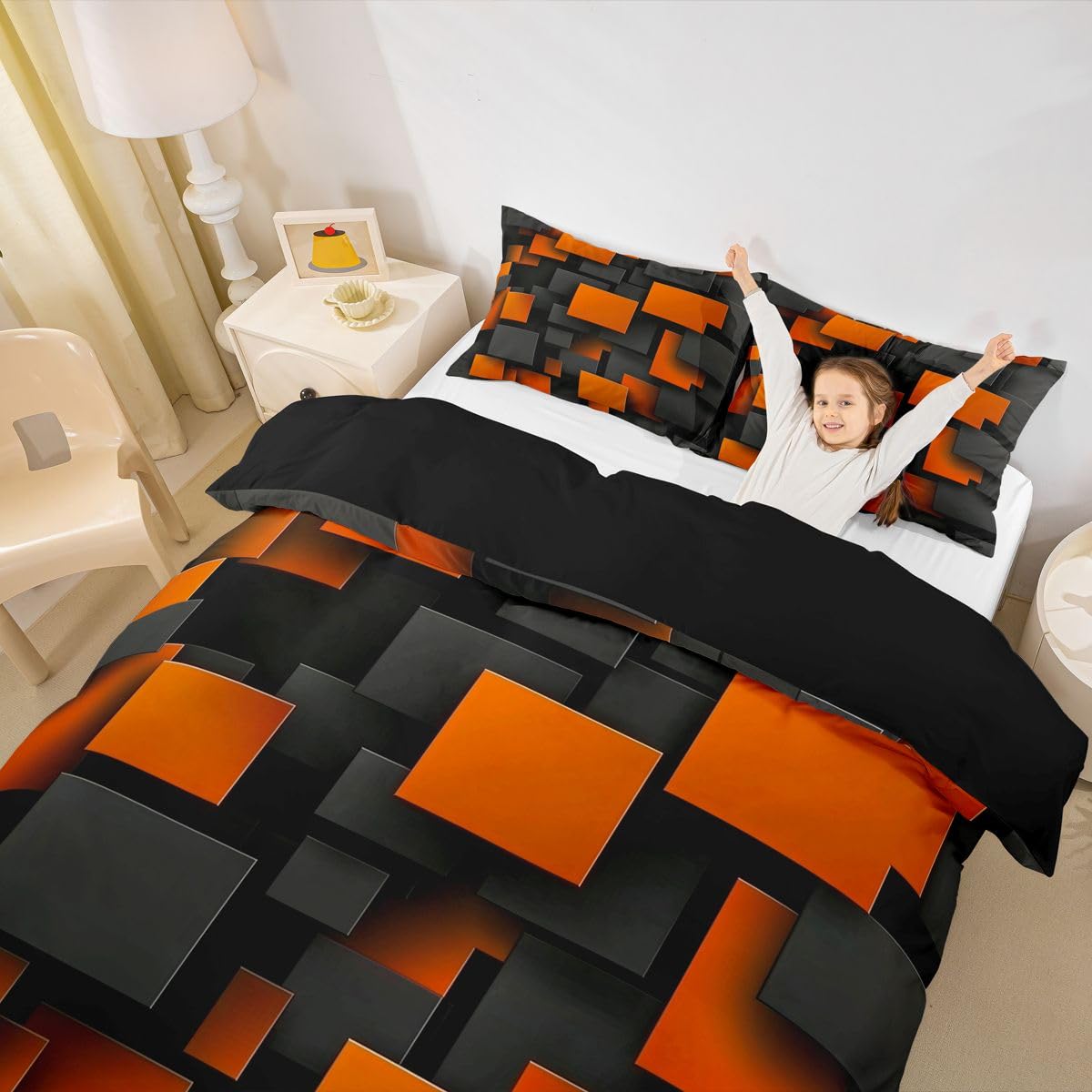 Homewish Nowoczesne geometryczne sześcienne kwadratowe zestawy pościeli 3D Cube King dla nastolatków chłopców dziewcząt | czarna pomarańczowa poszewka na kołdrę prostokątny blok abstrakcyjna poszewka