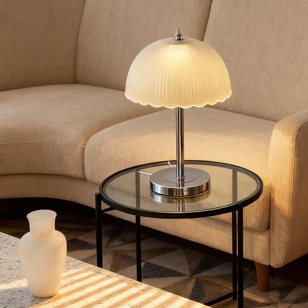 Moderne E27 Pilz Tischleuchte Tischlampe Glas Lampenschirm | mit Kabel Minimalistische Deko Nachttischlampe Metall Kleine Lampe für Schlafzimmer Bett Wohnzimmer mit Leuchtmittel
