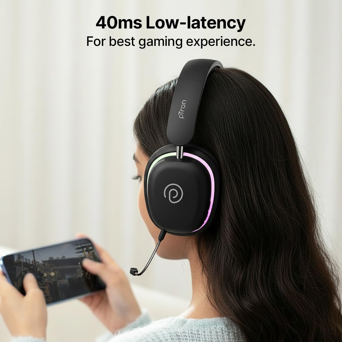 pTron Studio Xtreme, 70hrs Playtime, 40ms Low-Latency, Dual Device Pairing, Wireless Over Ear Headphones w/Detachable Mic & TruTalk ENC Calls, 40mm Drivers, RGB Lights, BT5.4 & Type-C Charging (Black) — Amazon image 4