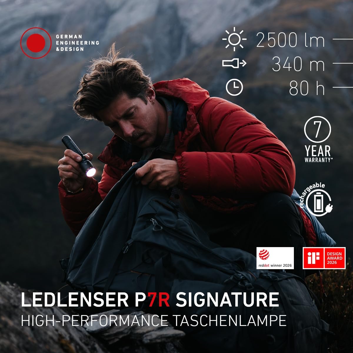 Ledlenser P7R Signature LED Taschenlampe, wiederaufladbar, 2500 Lumen, 340 m Fokus, 8 Modi, USB-C, IP68 wasserdicht, 80 Stunden Betriebsdauer, taktisch für Outdoor, Notfälle, Wandern, Camping