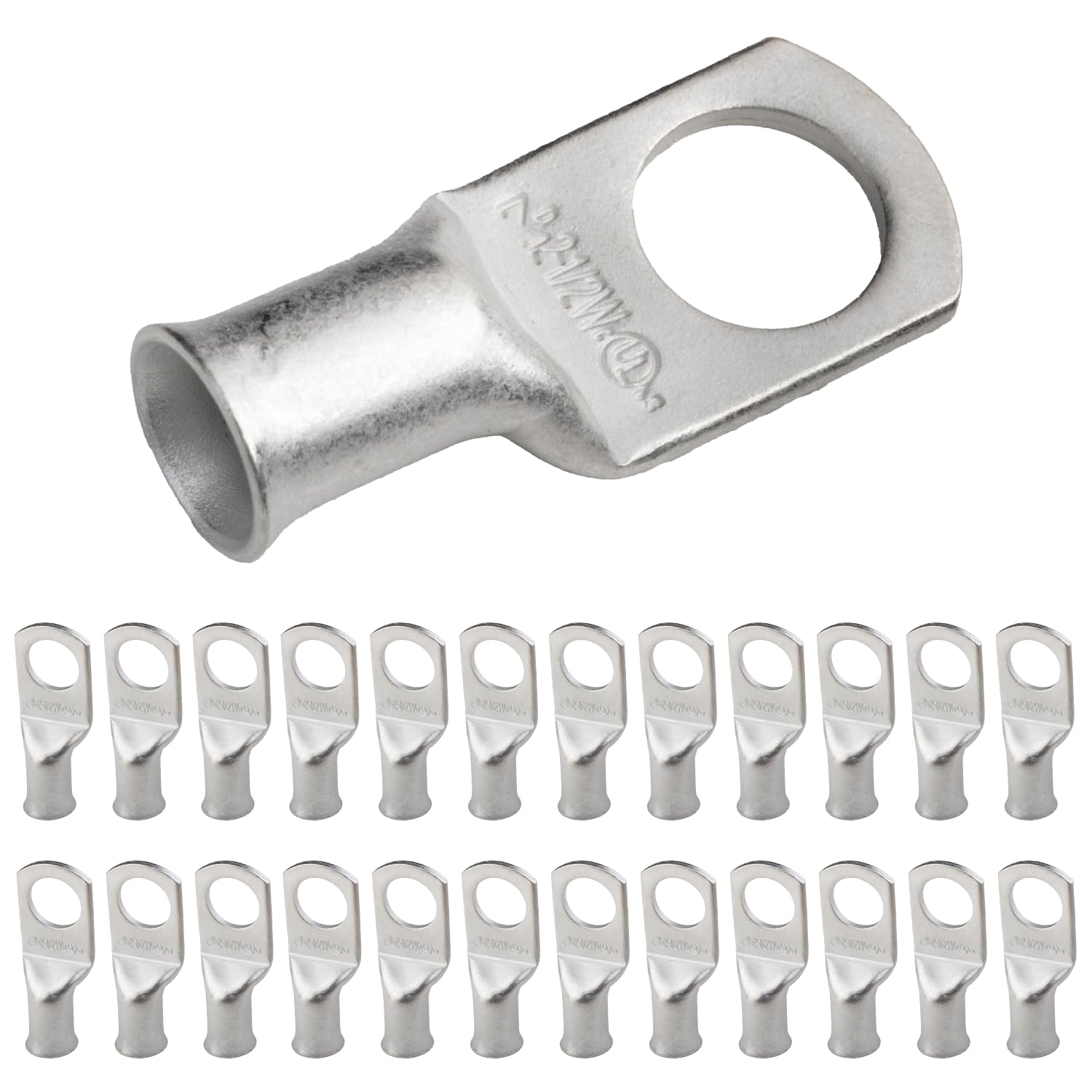SELTERM 2 AWG (35 mm²) - 1/2" (M12) ⌀ Hole UL Marine Grade Wire Lugs, Battery Cable Ends, Tinned Copper Eyelets, Tubular Ring Terminal Connectors [B54] - 25 Pack