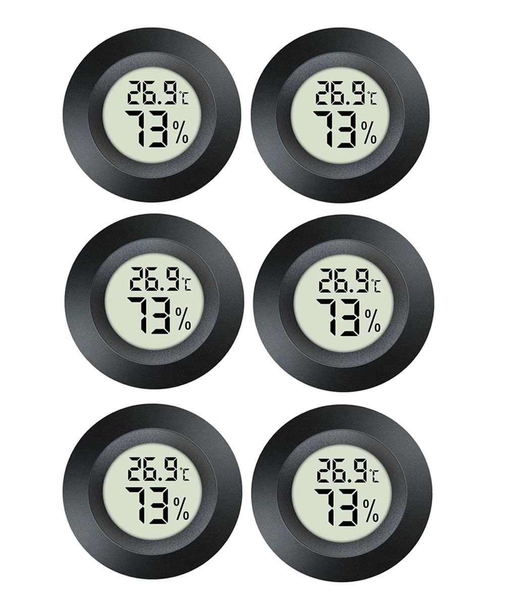 JEDEW Hygrometer Thermometer Digital Humidity Meter Indoor/Outdoor Humidity Monitor Reptile Thermometer for Humidors Greenhouse Garden Cellar Fahrenheit (℉) or Celsius(℃) (schwarz-6 Pack) (6)