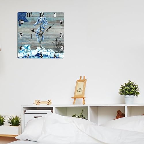 Miniatura 6 de Reloj náutico antiguo con estrellas de mar costeras para pared, acuarela, olas de mar, veleros, veleros, relojes de pared de PVC, con temática