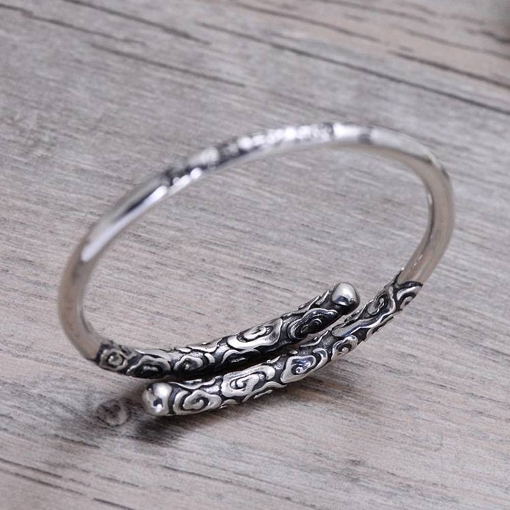 Bracciale Retrò Bracciale Rigido in Argento Sterling 990 Bracciale a Cerchio D'Oro con Desiderio Goffrato RetròNero