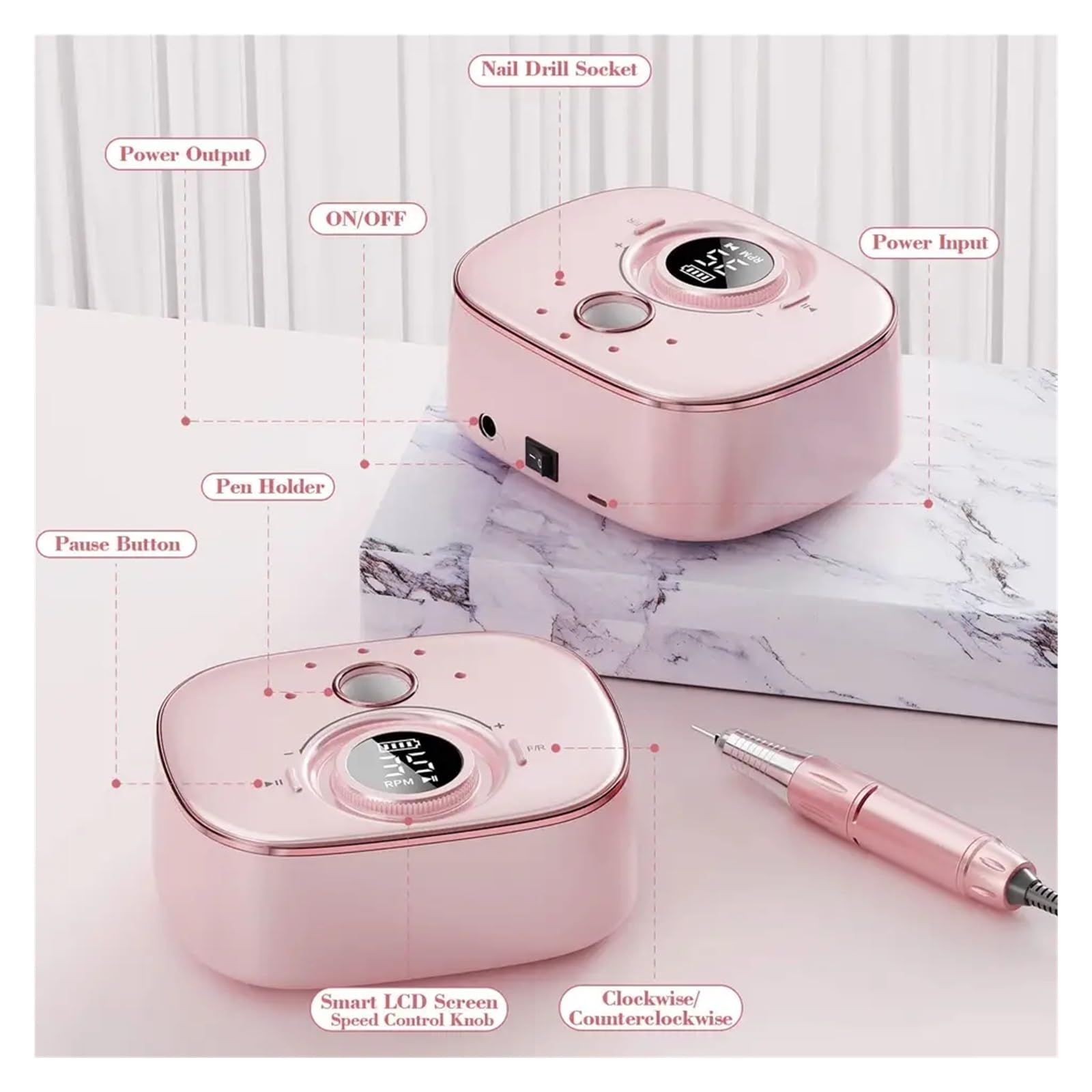 Frezarka do paznokci, Elektryczny pilnik do paznokci do paznokci akrylowych, elektryczna maszyna do manicure, przenośny frez(Pink)