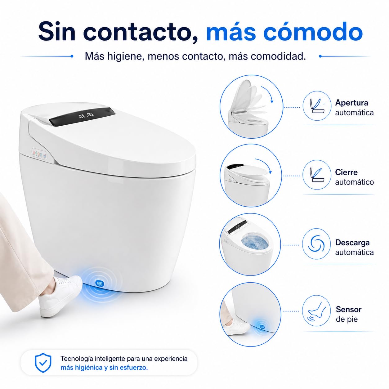 Inodoro Inteligente Completo | WC con Bidet y Secado | Diseño sin Cisterna | Lavado Trasero y Femenino | Apertura Cierre y Descarga Automática | Sensor Presencia | Asiento Calefactable | 100S