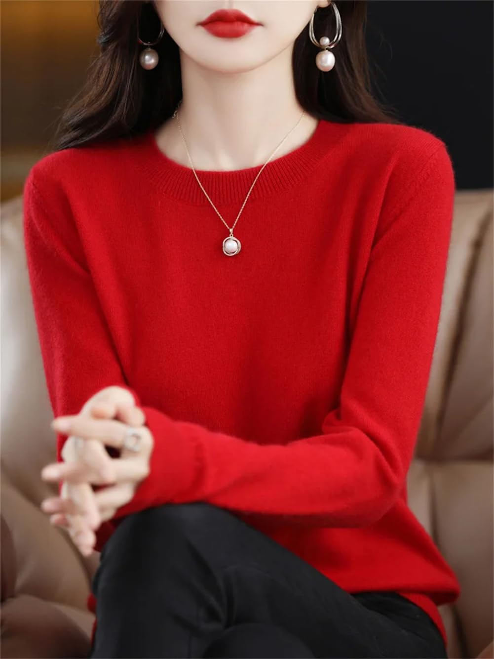 Maglione da donna in 100% lana merino, tinta unita, a girocollo, a maniche lunghe, morbido